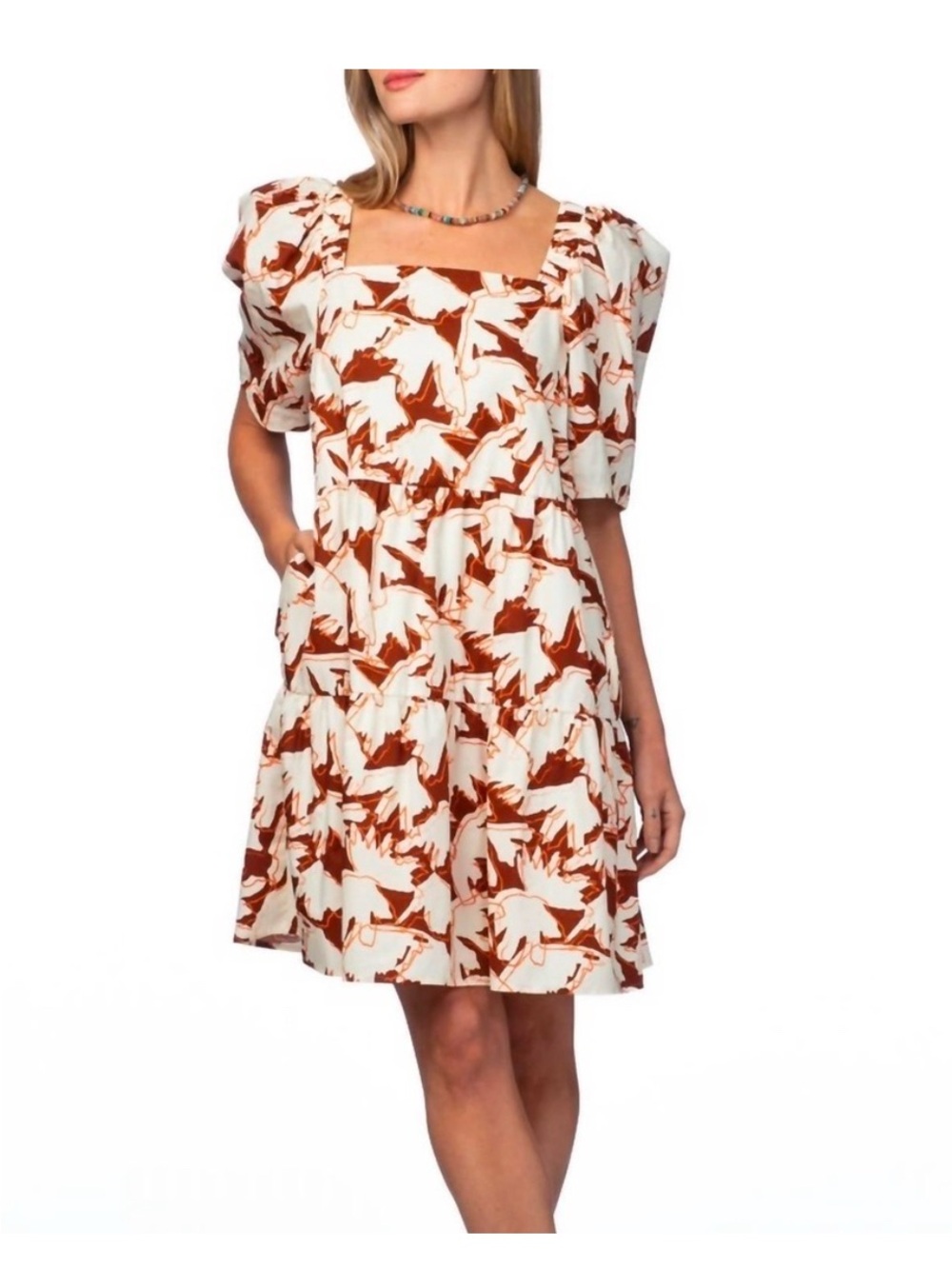 Square-Neck Puff Sleeve Tiered Dress in Cream & Rust